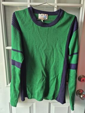 Vintage Snowflakes 100% Wool Green & Navy Rib-Panel Sweater